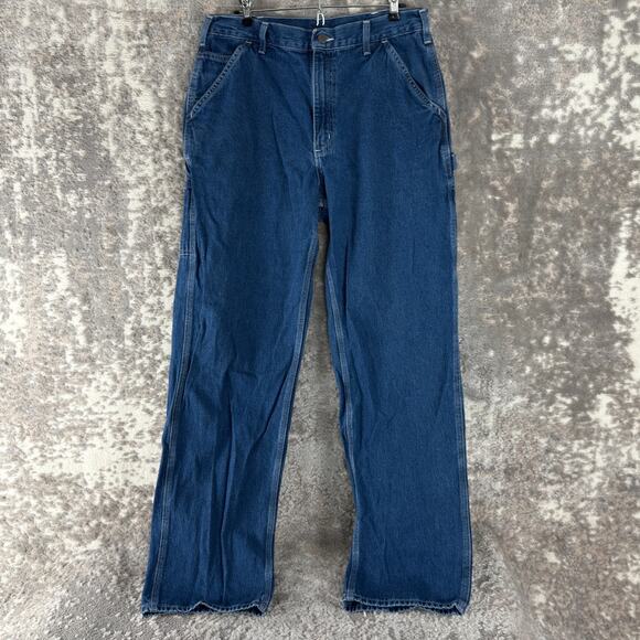 Carhartt Size 34x34 Denim Jeans Casual Pants Blue Button Zip Pocket Straight Leg - Picture 1 of 11